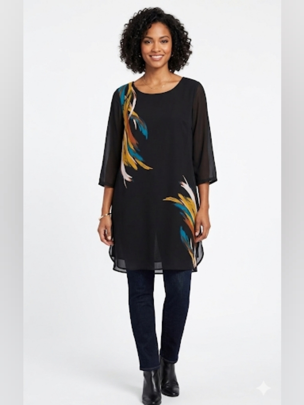 Alfani Black Tunic with Feather Print Size M